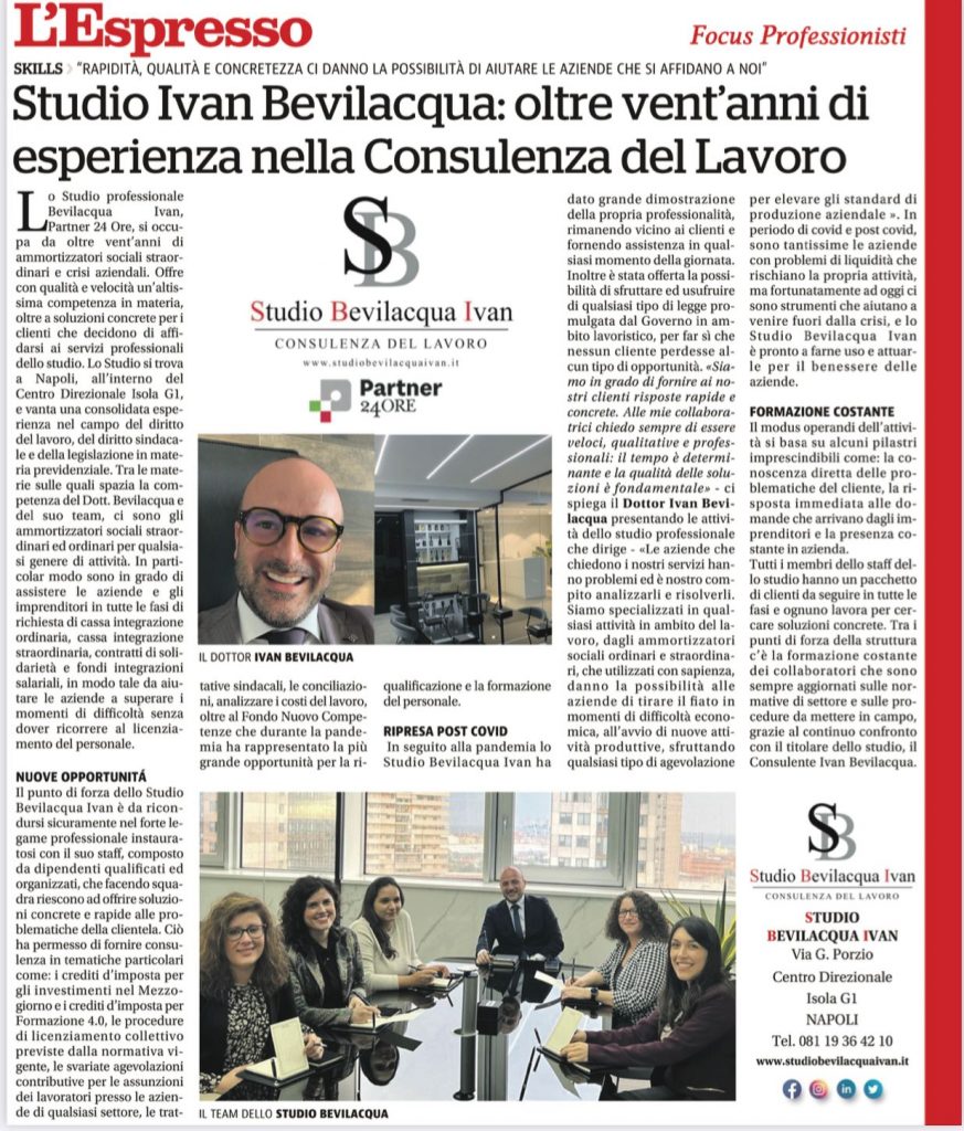 Studio Ivan Bevilacqua: Oltre vent’anni di esperienza nella Consulenza del Lavoro Oggi sull’Espresso!