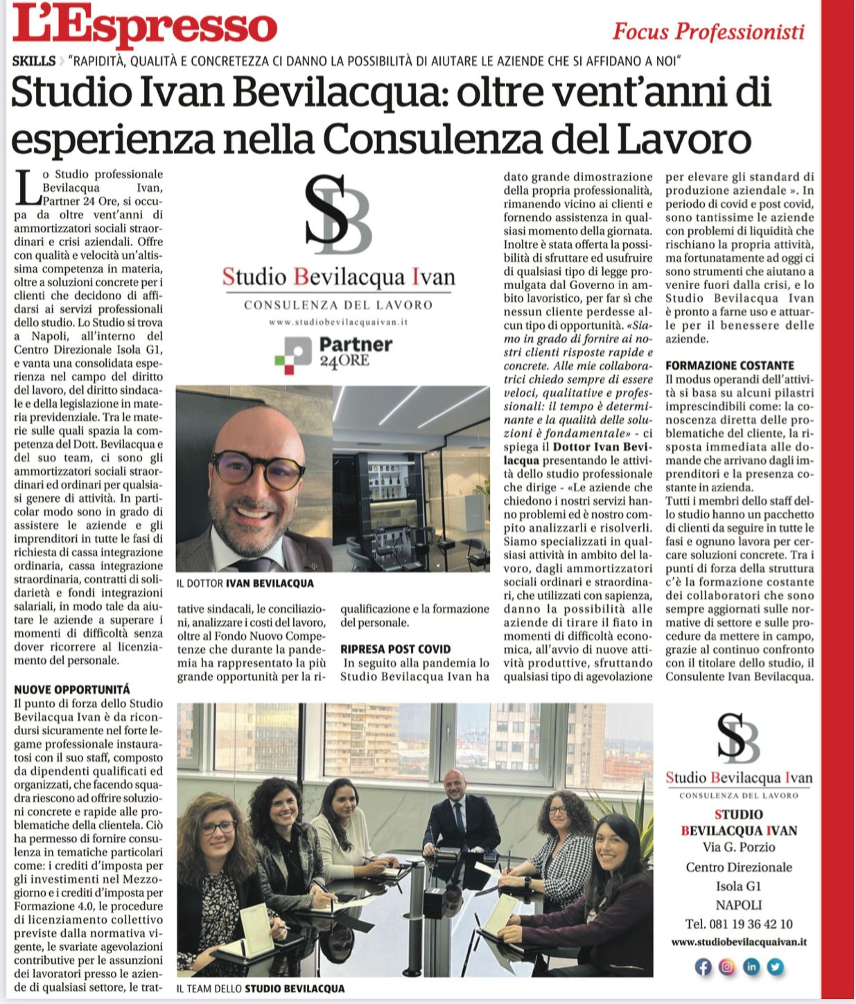 Studio Ivan Bevilacqua: Oltre vent’anni di esperienza nella Consulenza del Lavoro Oggi sull’Espresso!